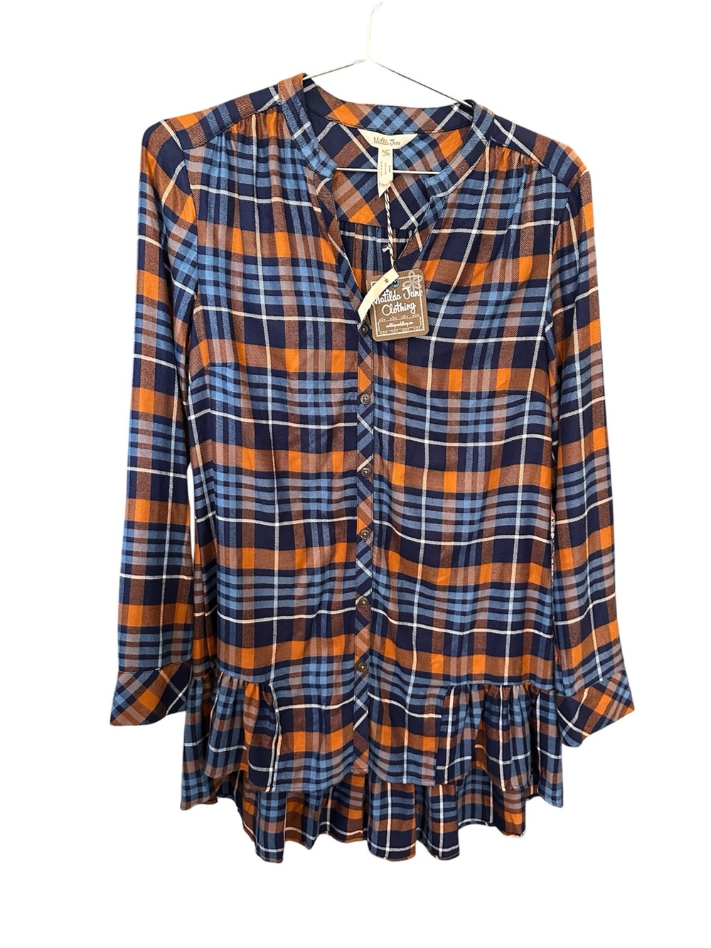 Matilda Jane Orange, Navy and Light Blue Plaid Button-Front Top